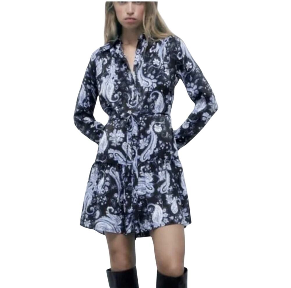 ZARA Blue Black Printed Flounced Shirt Dress M Mini Belted Long Sleeve NWT